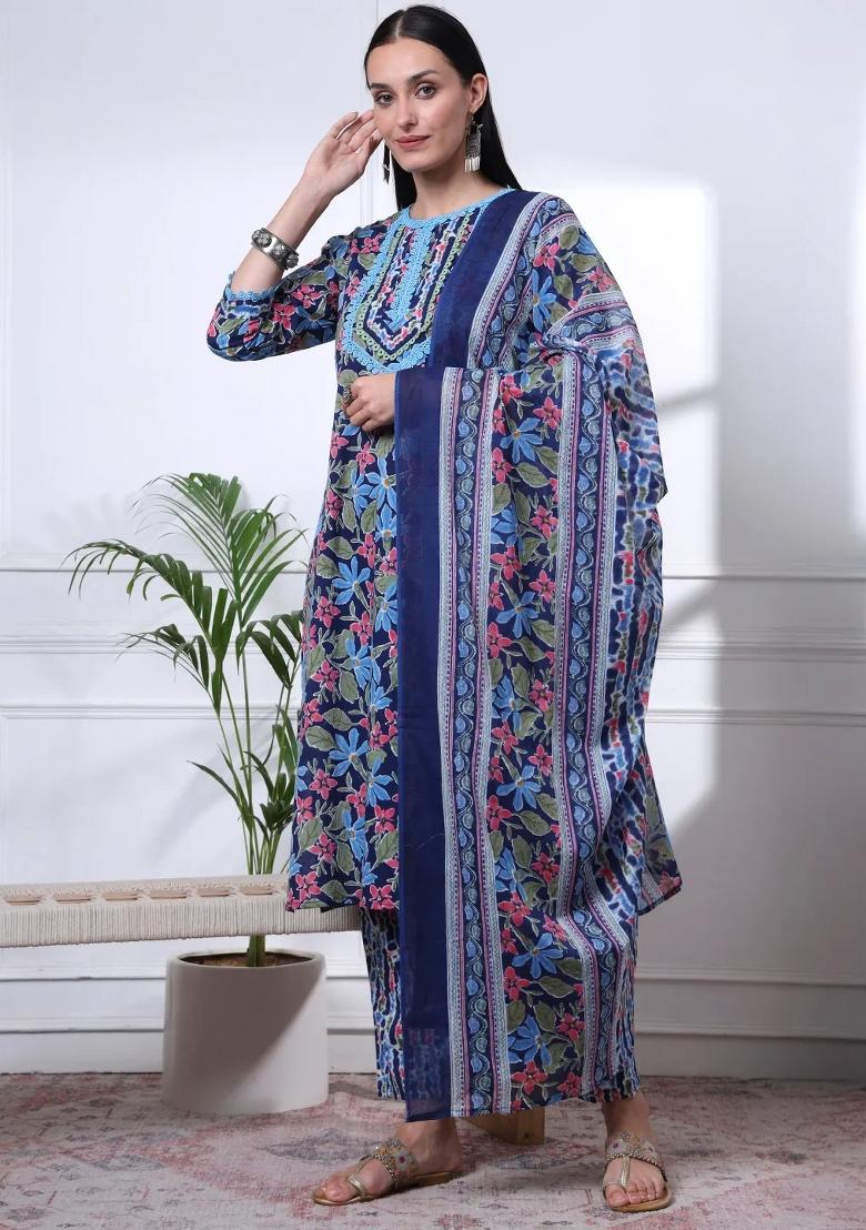 Blue Motif Cotton Kurta Dupatta Set - Indya