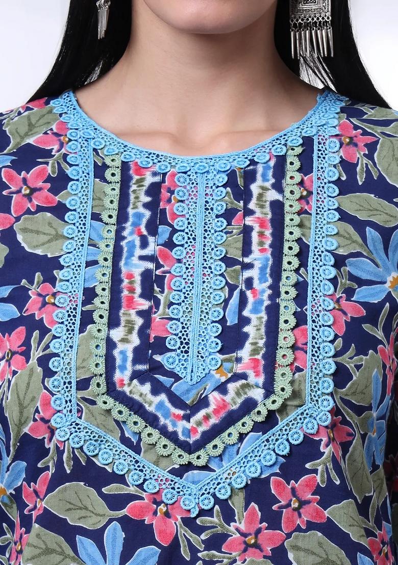 Blue Motif Cotton Kurta Dupatta Set - Indya