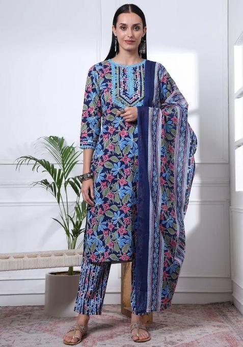 Blue Motif Cotton Kurta Dupatta Set