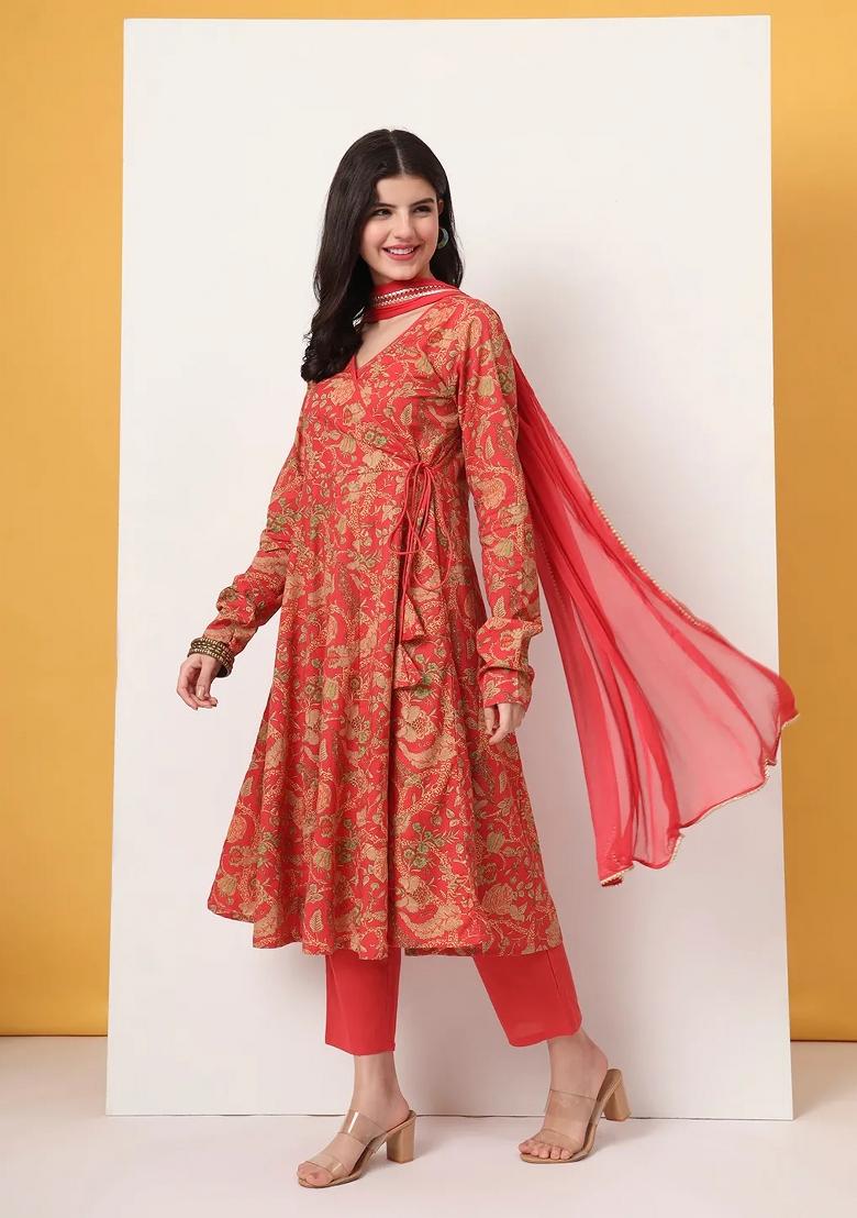Red Motif Cotton Kurta Dupatta Set - Indya