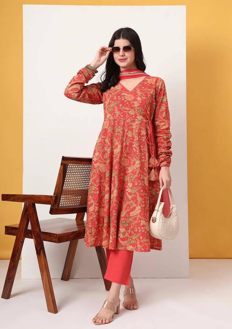Red Motif Cotton Kurta Dupatta Set - Indya