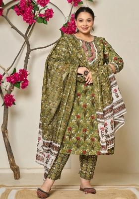 Green Motif Cotton Kurta Dupatta Set
