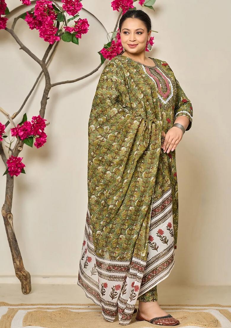Green Motif Cotton Kurta Dupatta Set - Indya
