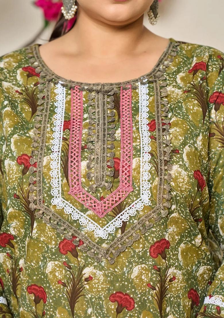 Green Motif Cotton Kurta Dupatta Set - Indya