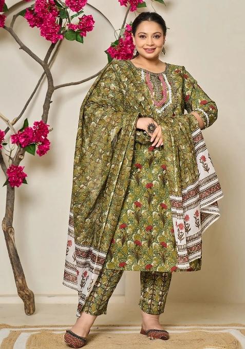 Green Motif Cotton Kurta Dupatta Set