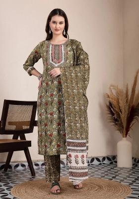 Green Motif Cotton Kurta Dupatta Set