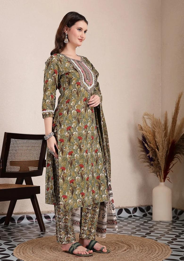 Green Motif Cotton Kurta Dupatta Set - Indya