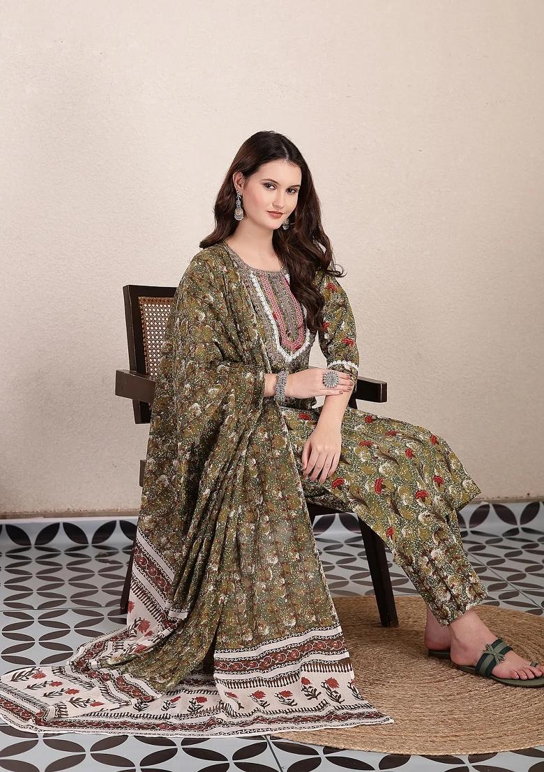 Green Motif Cotton Kurta Dupatta Set - Indya