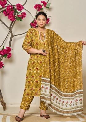 Mustard Motif Cotton Kurta Dupatta Set