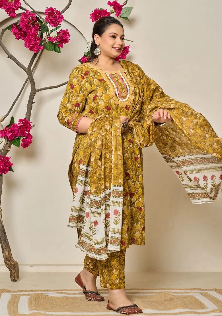 Mustard Motif Cotton Kurta Dupatta Set - Indya