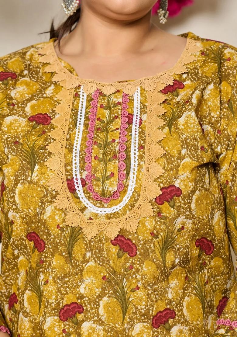 Mustard Motif Cotton Kurta Dupatta Set - Indya