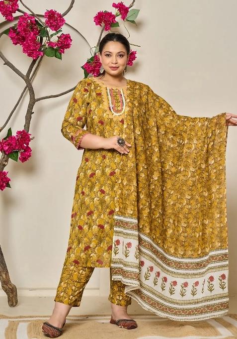 Mustard Motif Cotton Kurta Dupatta Set