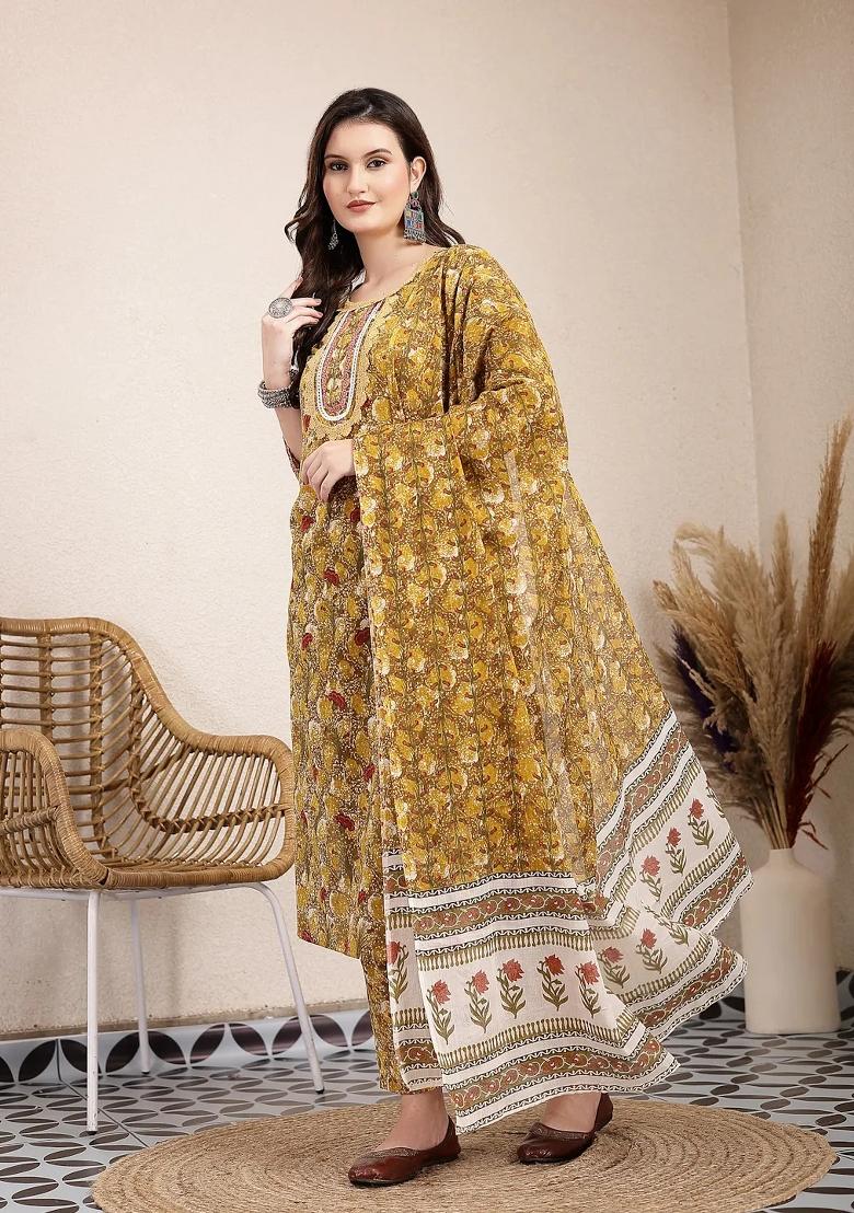 Mustard Motif Cotton Kurta Dupatta Set - Indya