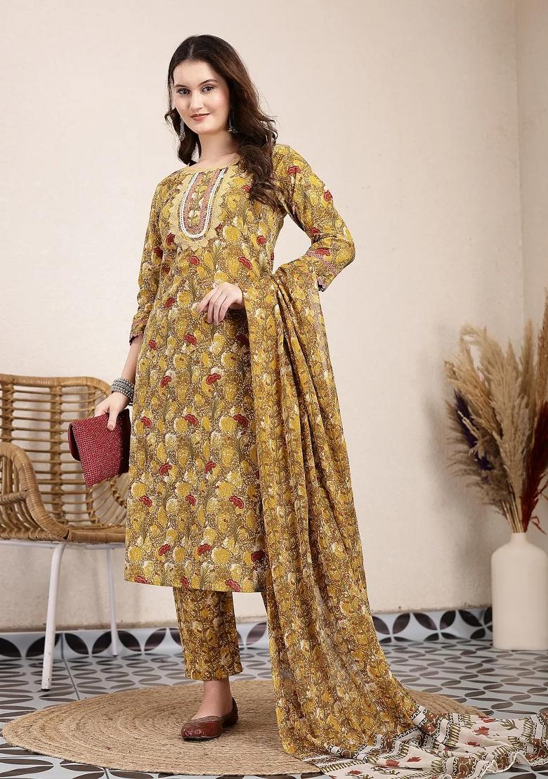 Mustard Motif Cotton Kurta Dupatta Set - Indya