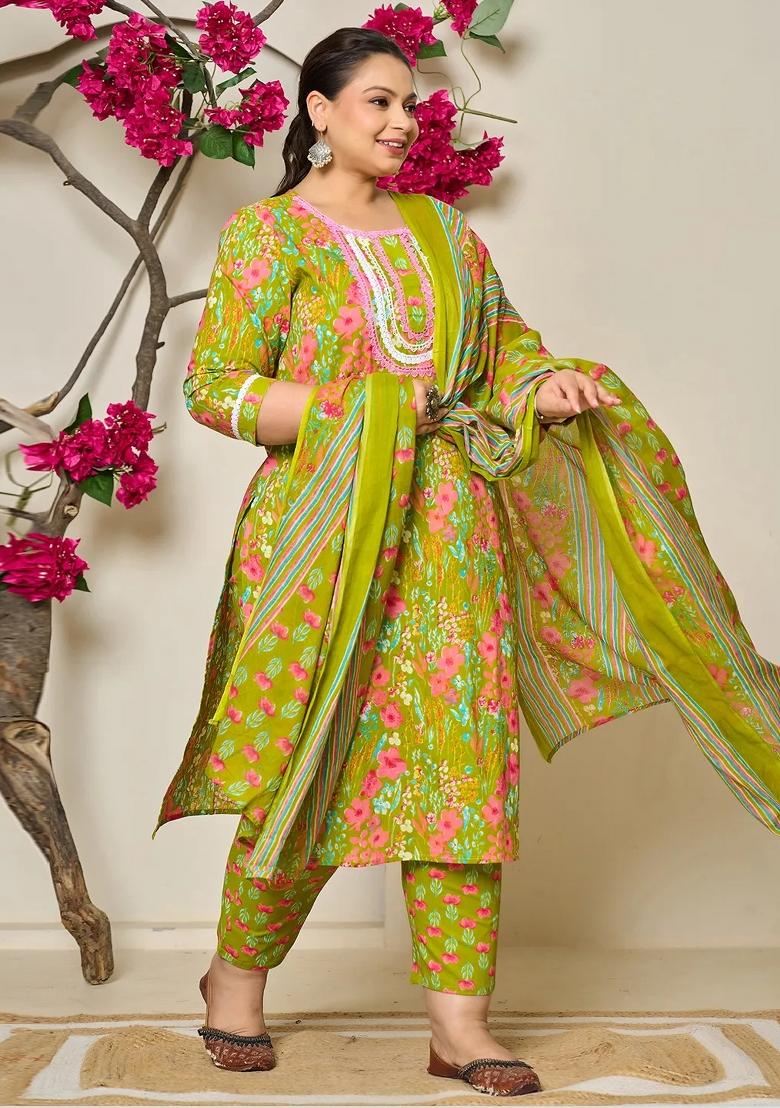Green Printed Cotton Kurta Dupatta Set - Indya