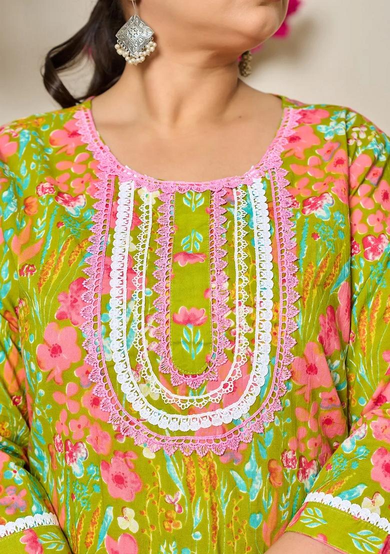 Green Printed Cotton Kurta Dupatta Set - Indya