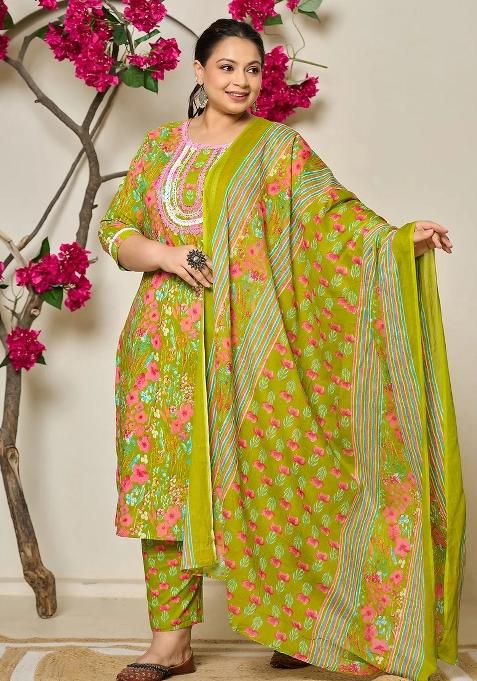 Green Printed Cotton Kurta Dupatta Set