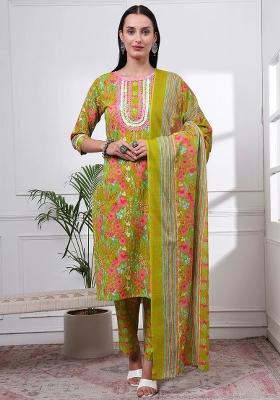 Green Printed Cotton Kurta Dupatta Set