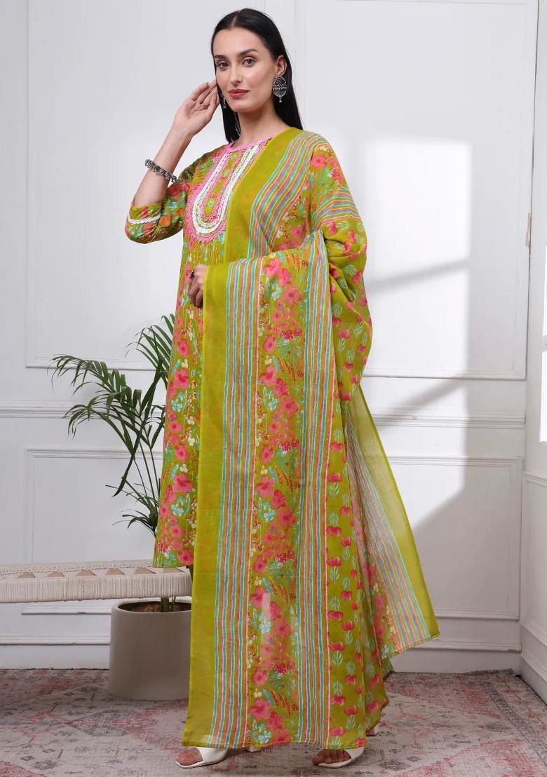 Green Printed Cotton Kurta Dupatta Set - Indya