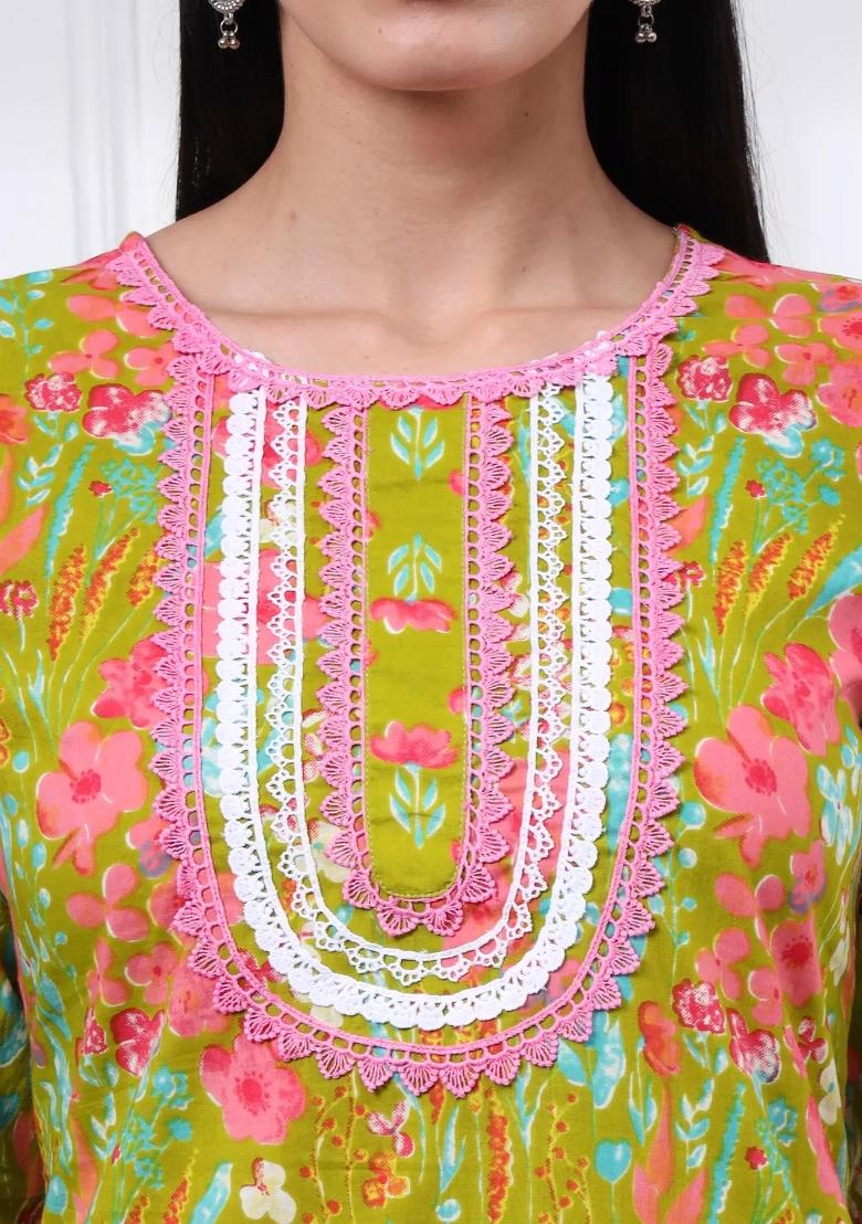 Green Printed Cotton Kurta Dupatta Set - Indya