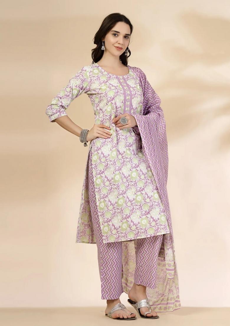 Lavender Printed Cotton Kurta Dupatta Set - Indya