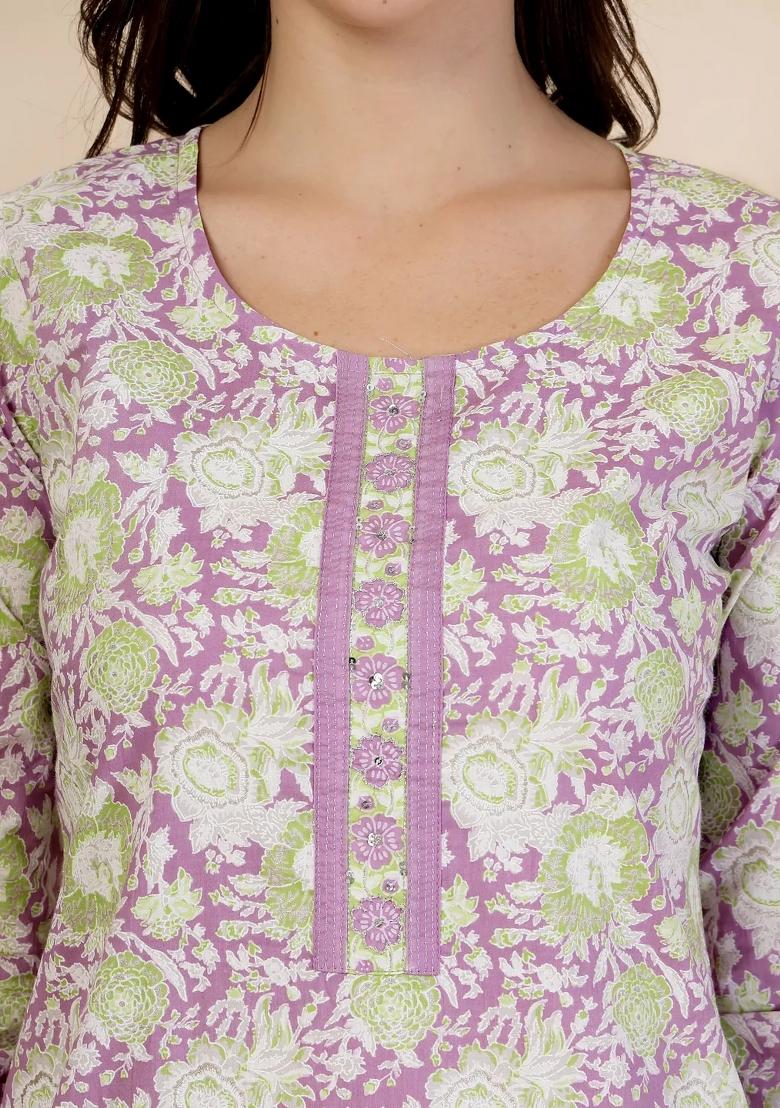 Lavender Printed Cotton Kurta Dupatta Set - Indya
