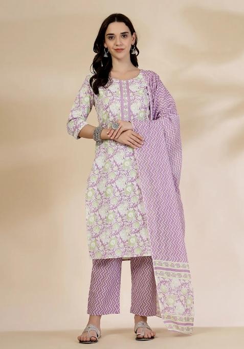 Lavender Floral Print Cotton Straight Kurta Set