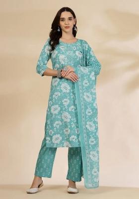 Blue Embroidered Cotton Kurta Dupatta Set