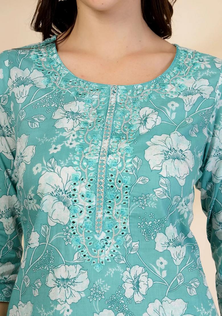 Blue Embroidered Cotton Kurta Dupatta Set - Indya