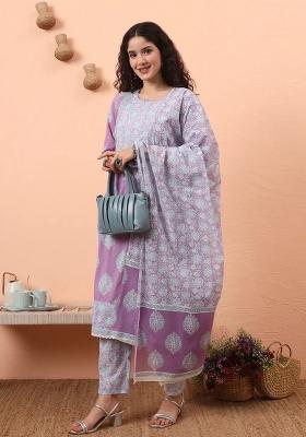Lavender Motif Cotton Kurta Dupatta Set