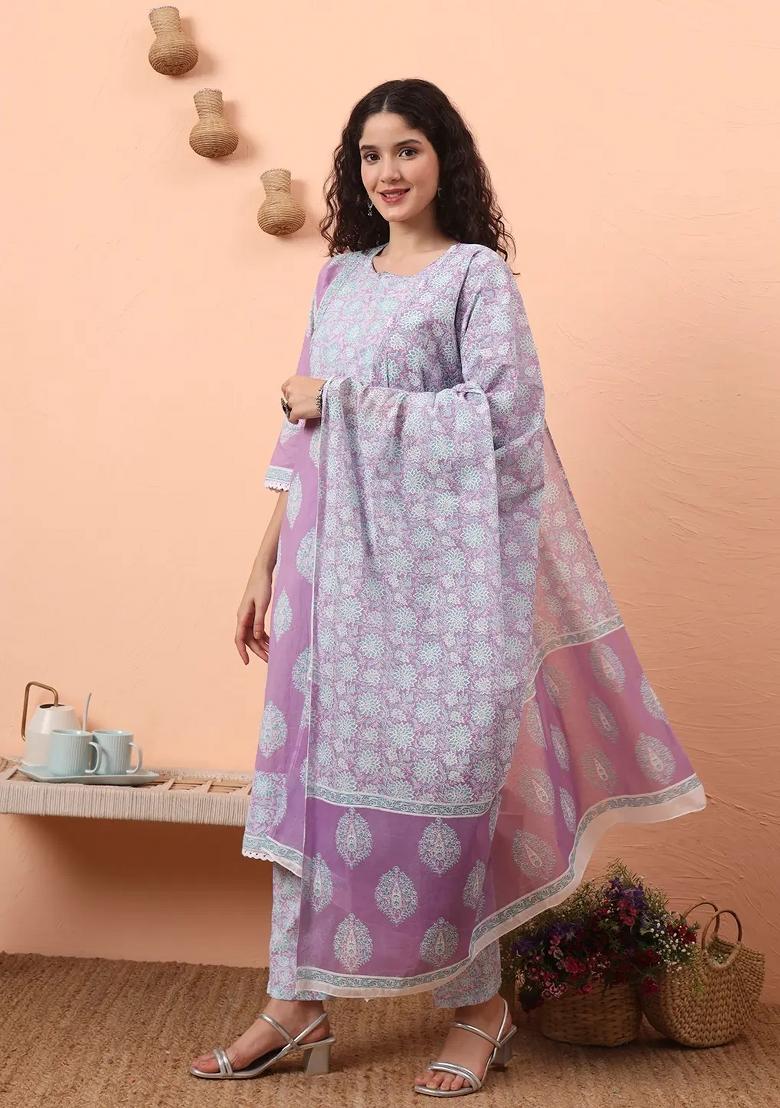 Lavender Motif Cotton Kurta Dupatta Set - Indya