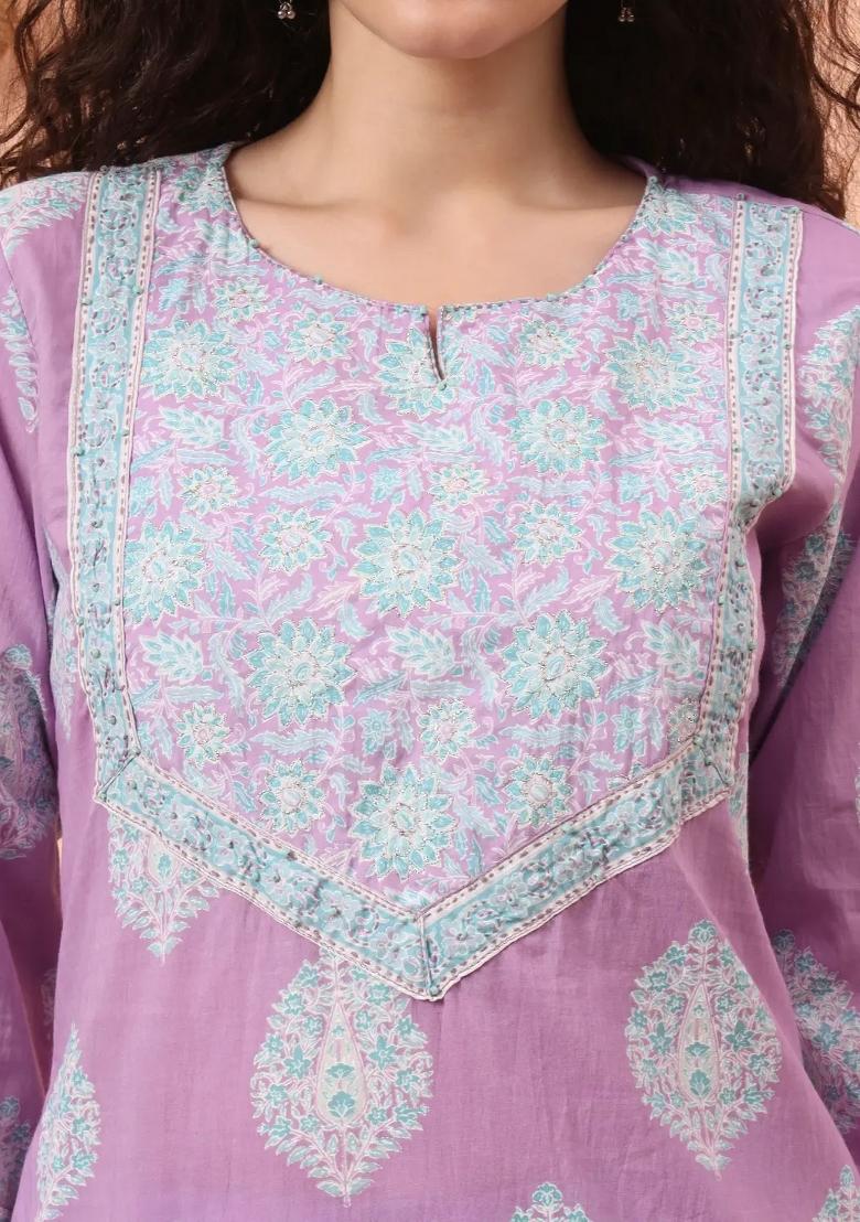 Lavender Motif Cotton Kurta Dupatta Set - Indya