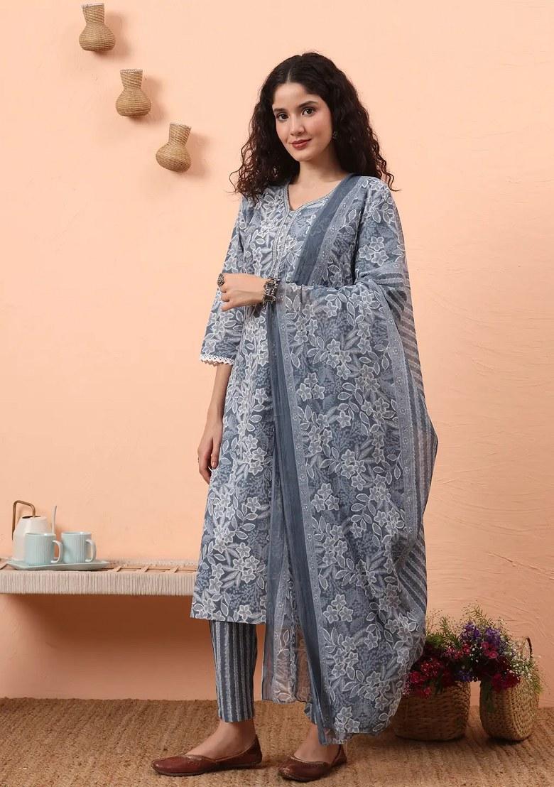 Grey Motif Cotton Kurta Dupatta Set - Indya