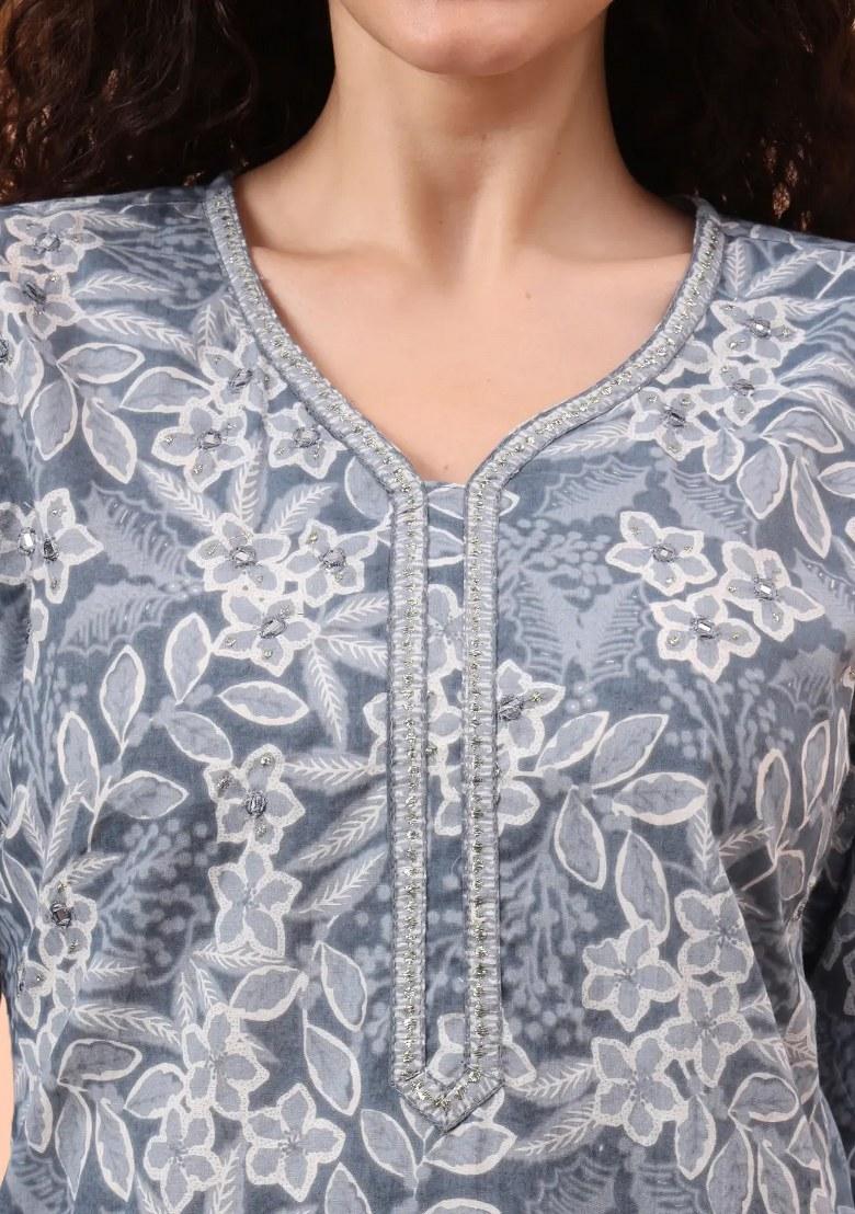 Grey Motif Cotton Kurta Dupatta Set - Indya