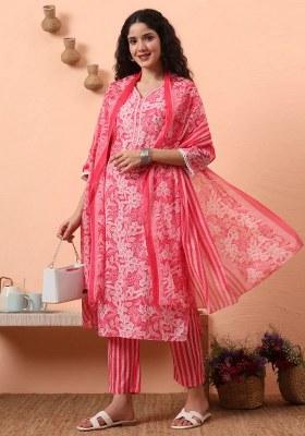 Pink Motif Cotton Kurta Dupatta Set