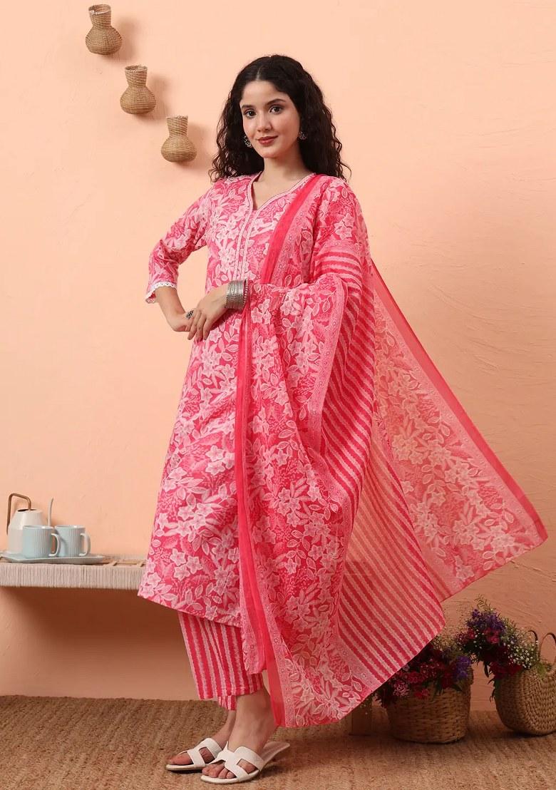 Pink Motif Cotton Kurta Dupatta Set - Indya