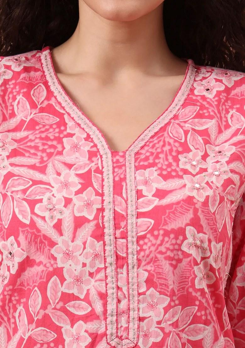 Pink Motif Cotton Kurta Dupatta Set - Indya