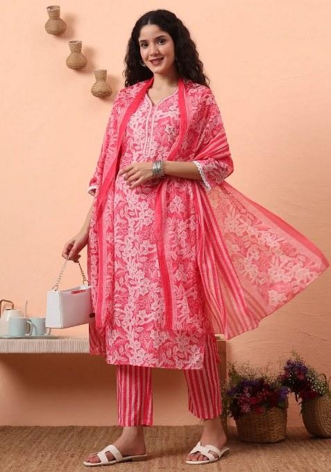 Pink Motif Cotton Kurta Dupatta Set