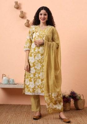 Green Motif Cotton Kurta Dupatta Set