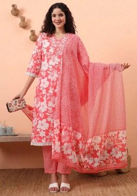 Pink Motif Cotton Kurta Dupatta Set