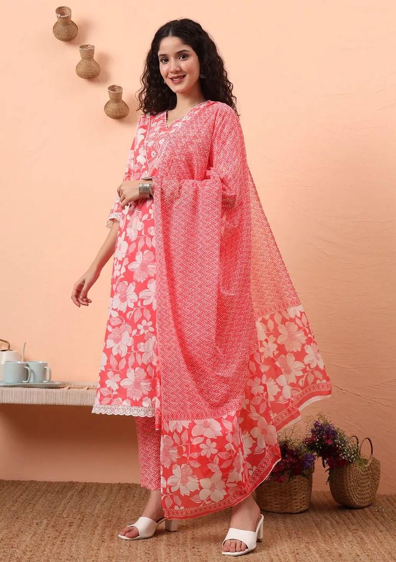 Pink Motif Cotton Kurta Dupatta Set - Indya