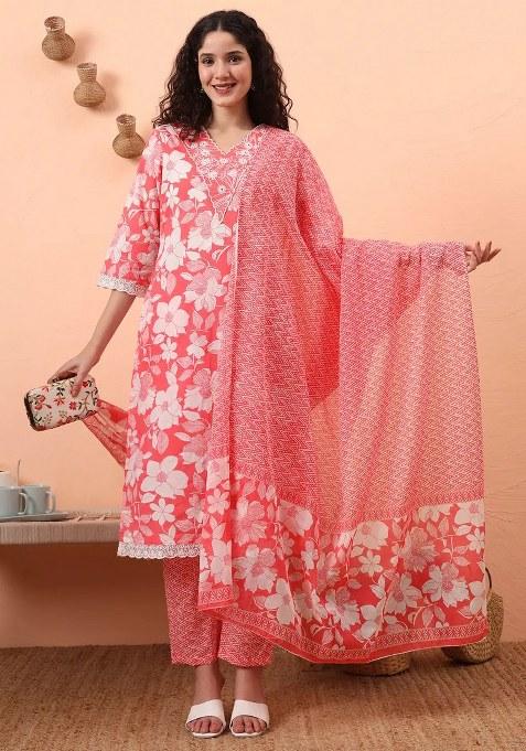 Pink Motif Cotton Kurta Dupatta Set