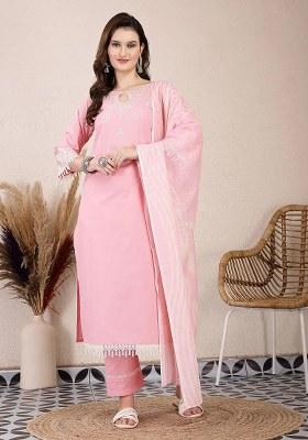 Pink Motif Cotton Kurta Dupatta Set