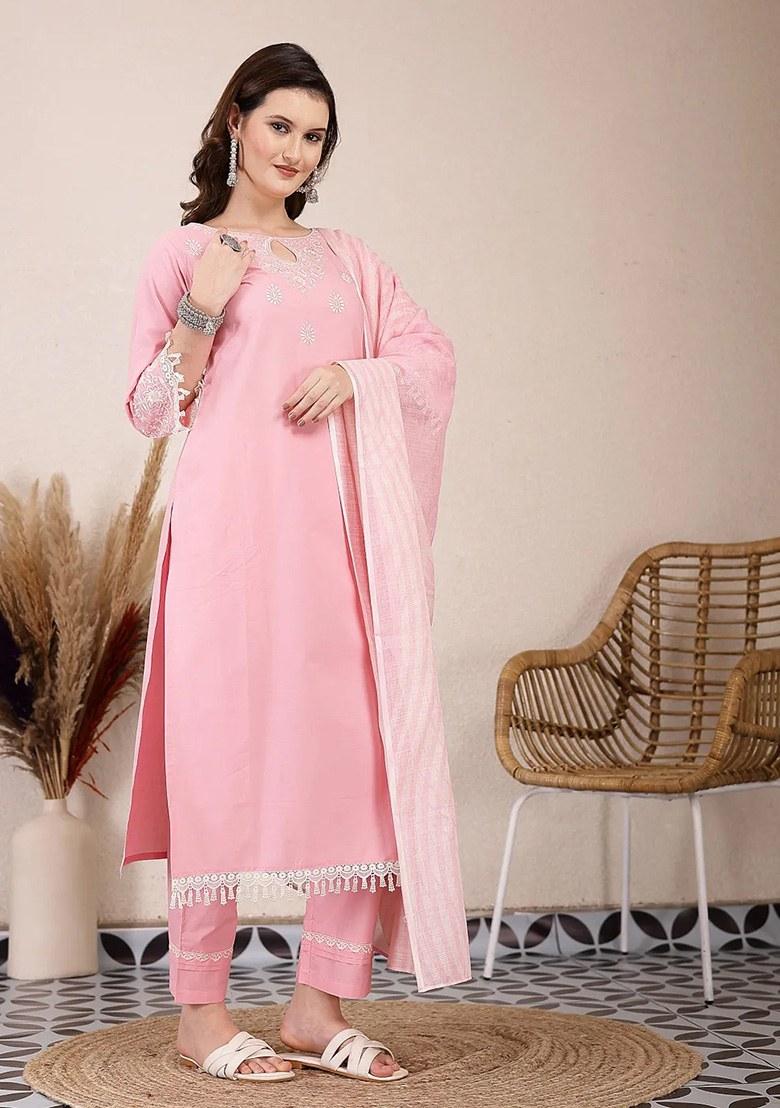 Pink Motif Cotton Kurta Dupatta Set - Indya