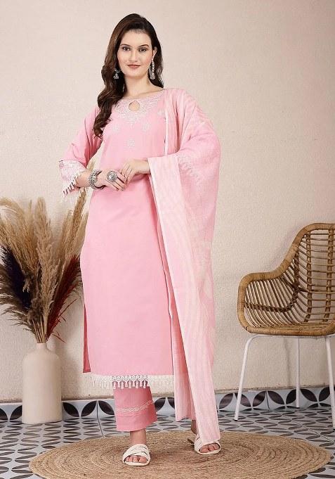 Pink Motif Cotton Kurta Dupatta Set