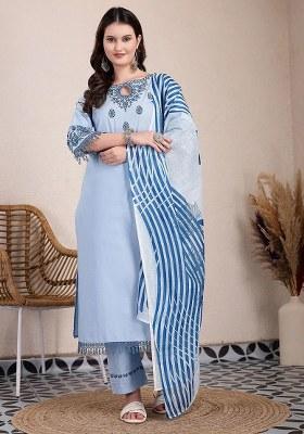 Sky Blue Motif Cotton Kurta Dupatta Set