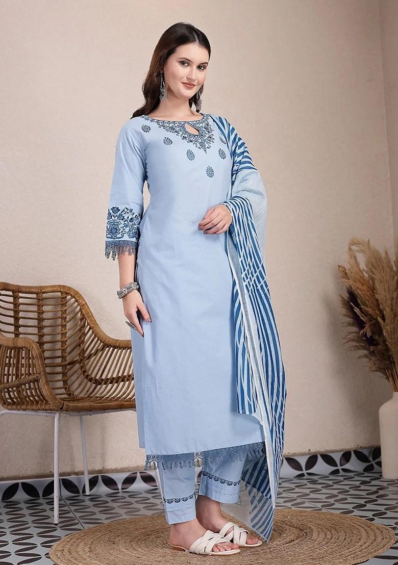 Sky Blue Motif Cotton Kurta Dupatta Set - Indya