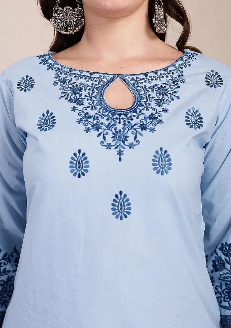 Sky Blue Motif Cotton Kurta Dupatta Set - Indya