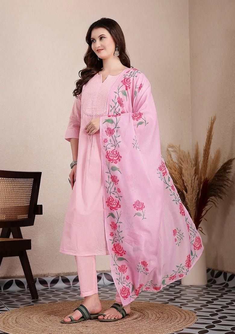 Pink Motif Cotton Kurta Dupatta Set - Indya