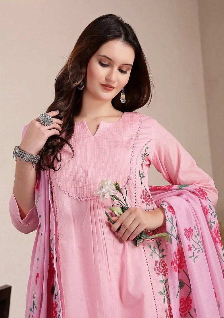 Pink Motif Cotton Kurta Dupatta Set - Indya